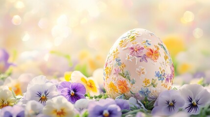 Fototapeta premium Decorated egg resting among pansies in a field of flowers, bokeh background