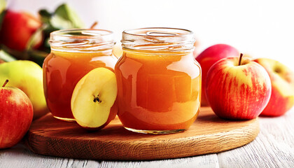 Apple butter in rustic jars with fresh apples on wooden board, Generated AI