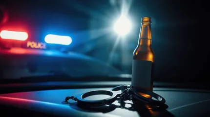 Fototapeten Impaired Driving: Beer bottle on police car with handcuffs symbolizes driving under the influence consequences © Rafal Rutkowski