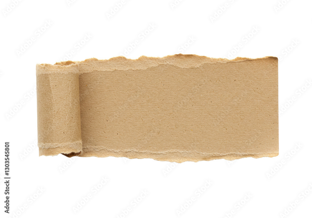Poster a close-up of a rectangular torn piece of brown craft paper with rough uneven edges isolated on tran