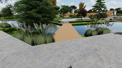 3d image of the landscape design of the home territory. Landscaping of the territory. Computer visualization of composite landscaping and landscaping solutions.