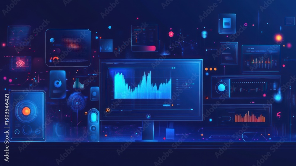 Poster futuristic digital workspace with multiple displays