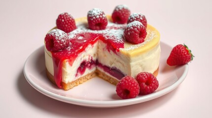 A vibrant cheesecake topped with raspberries and a sweet, red glaze, sitting on a pale pink plate.