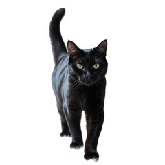 Black Cat Walking Forward with Tail Up Isolated on Transparent Background.