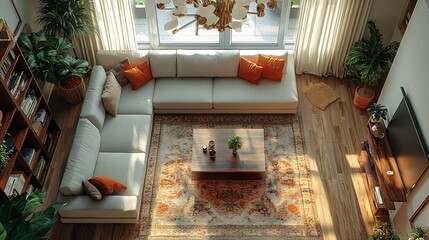 Aerial view: sunlit living space with a plush sectional, decorative rug, minimalist coffee table, and abundant plants.