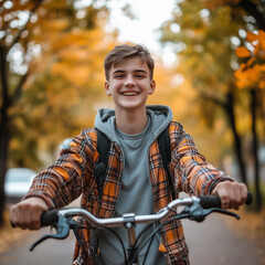 Obraz premium young guy on a bicycle in the city, healthy lifestyle