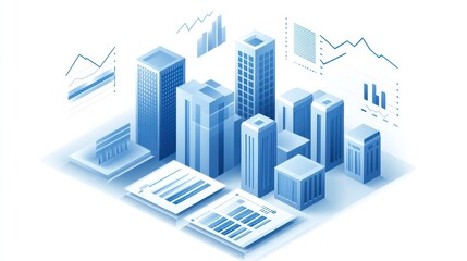 Isometric city buildings with data graphics. Use Business concept stock photo