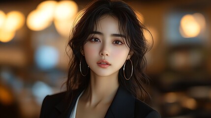 Obraz premium Elegant woman with gold hoop earrings, her dark hair softly frames her face, wearing a black blazer, exuding confidence and style.