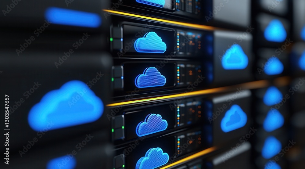 Poster cloud computing data center with glowing blue cloud icons on servers