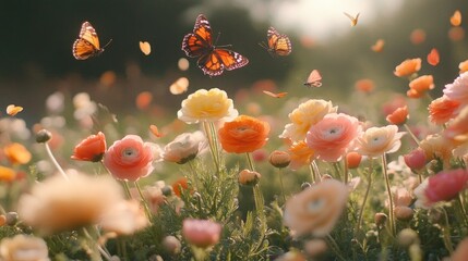 Obraz premium A lively detail of Ranunculus flowers in a meadow, with playful butterflies captured in mid-flight