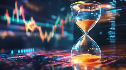 A digital hourglass with flowing sand against a backdrop of stock market charts and data, symbolizing the passing of time in financial investments and market dynamics. Time - Clock. Illustration