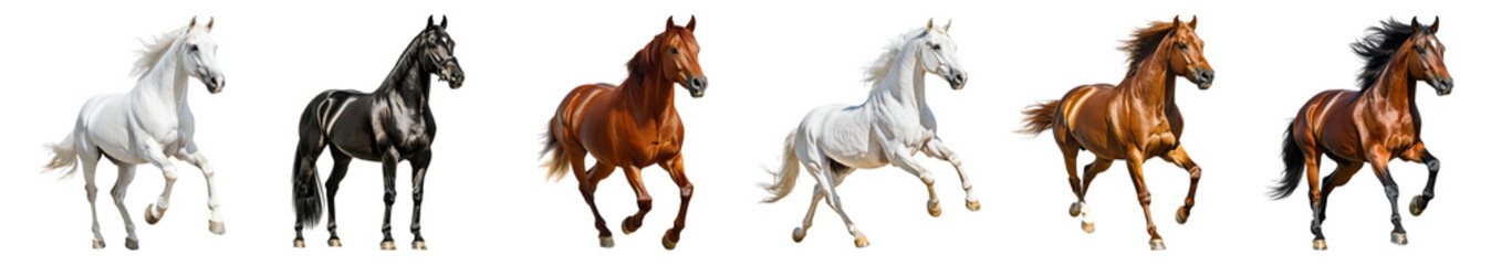 Obraz premium Majestic Horses Galloping in Sync Across a Lush Meadow Landscape, PNG bundle collection, Isolated on Transparent Background