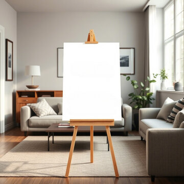 Mockup lienzo en blanco sobre un caballete de pintor en un sal&oacute;n de una casa