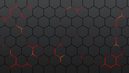 black hexagons with red glow. Black background of honeycombs and red lava. Pattern of geometric figure. Background of figures with six sides of red-hot magma. Grid sestet. Wall polygon.
