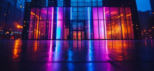 Obraz premium Neon-lit City Building at Night