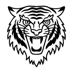 Fototapeta premium A tiger's head is a powerful symbol of strength, courage, and ferocity. It features sharp, piercing eyes, strong jaws, and distinct black stripes on golden-orange fur. The broad forehead and muscular 