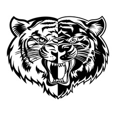 A tiger's head is a powerful symbol of strength, courage, and ferocity. It features sharp, piercing eyes, strong jaws, and distinct black stripes on golden-orange fur. The broad forehead and muscular 