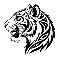 A tiger's head is a powerful symbol of strength, courage, and ferocity. It features sharp, piercing eyes, strong jaws, and distinct black stripes on golden-orange fur. The broad forehead and muscular 