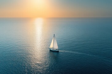 Obraz premium Serene Sunset Over Calm Waters with a Single Sailboat Gliding Gracefully on the Tranquil Ocean Surface