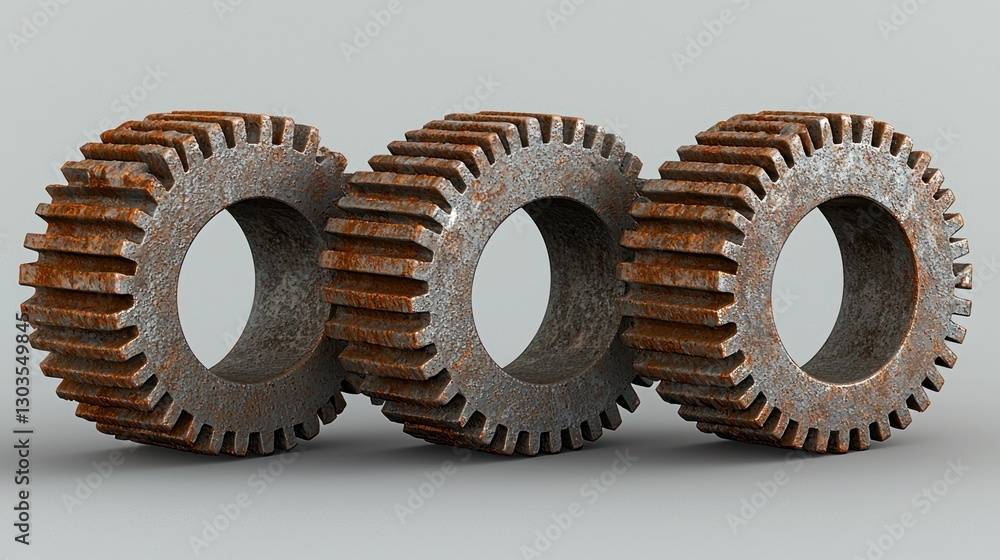 Poster rusted gears arranged in a horizontal row on a plain gray background