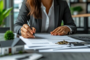 Businesswoman signing a real estate contract in office
