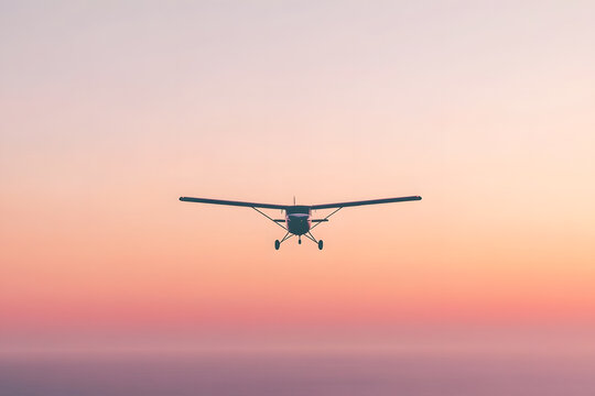 A single-engine aircraft soars in the evening sky, silhouetted against the warm hues of dusk.  It's in flight during a tranquil sunset.