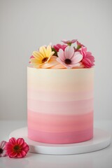 Elegant gradient cake, adorned with a bouquet of colorful faux flowers, perfect for a special occasion.