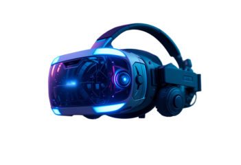Futuristic VR Headset with Neon Accents Floating in Mid-Air on Transparent Background