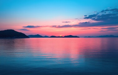 Serene Sunset Over Calm Waters with Vibrant Colors Reflecting on the Surface of the Ocean near Distant Silhouetted Mountains