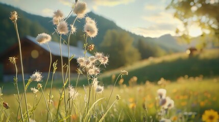   A field of wildflowers in front of a rustic barn with a loyal dog lounging on the opposite side