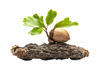 Acorn sprouting on a log, growth concept