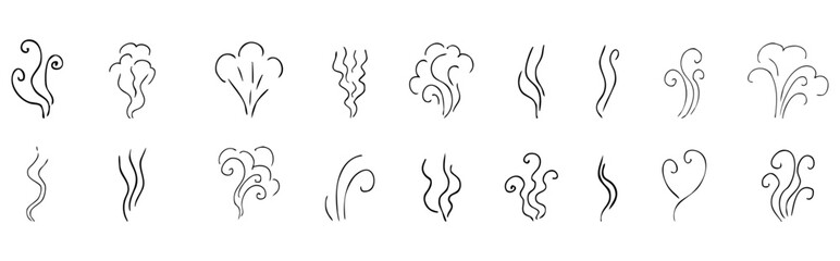 Steam smoke hand drawn line comic doodle. Aroma trail, cloud or wind silhouette. Smells hot air fragrance evaporate set. 