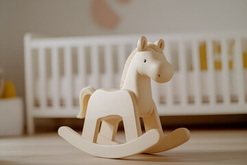 Wooden Rocking Horse: Nostalgic charm in a minimalist nursery setting, offering a timeless play experience for children. Soft colors & gentle design.