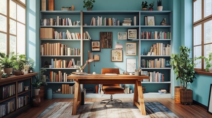 Cozy home office with bookshelves and desk