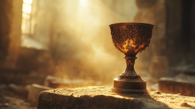 close up ancient holy grail with smoke drifting out at ancient temple