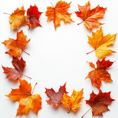 Fototapeta premium A macro view of autumn maple leaves arranged in a cozy frame on a bright background.