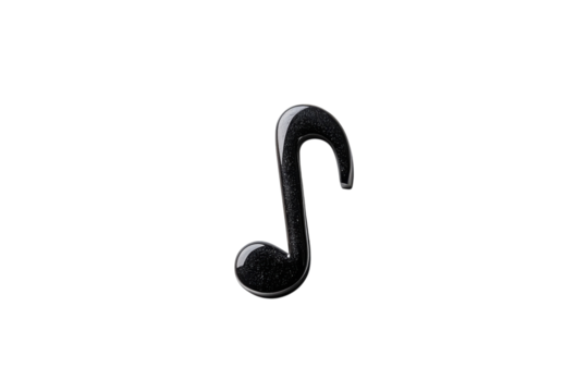 A solitary black musical note resting on a smooth white surface, symbolizing creativity in art isolated on transparent background