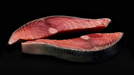 Freshly cut salmon fillets showcasing vibrant color and texture against a dark background