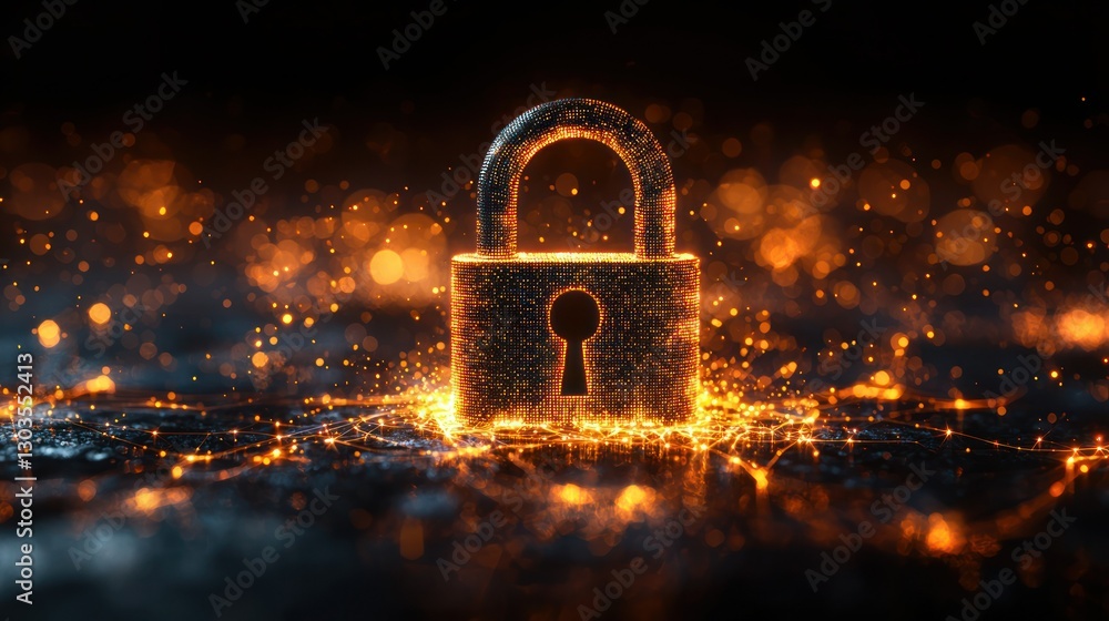 Poster secure lock on sparkling dark background