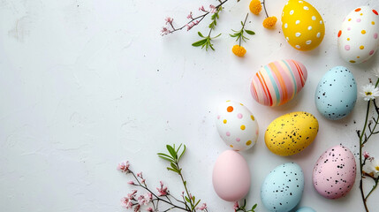 Colorful decorated eggs arranged with flowers and greenery for a festive spring celebration