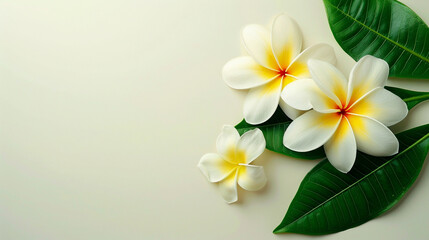 Beautiful white plumeria flowers with green leaves arranged on a light background