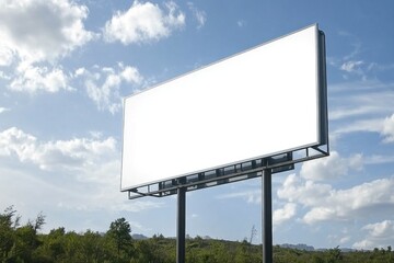 Fototapeta premium Billboard frame stands alone in a tranquil rural setting under a clear sky, waiting for fresh advertising messages to display