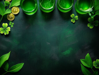 St. Patrick’s Day Flat Lay with Green Beer, Shamrocks, and Gold Coins – Festive Celebration Background