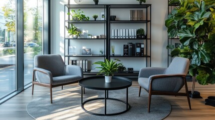 Fototapeta premium Modern office waiting area with plants and bookshelves