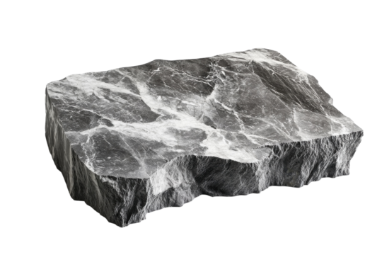 Artistic black and white marble rock showcasing natural veining with a smooth surface illumination isolated on transparent background