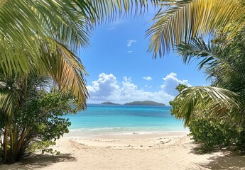 Fototapeta premium Serene Tropical Beach Scene Framed by Lush Green Palm Leaves Under a Bright Blue Sky with Puffy White Clouds and Gentle Azure Waters