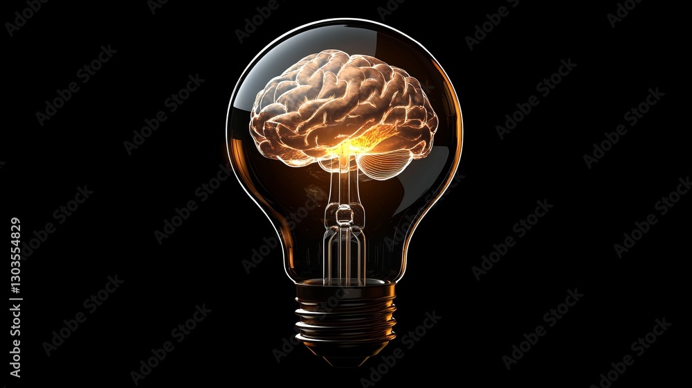 Poster illuminated brain inside lightbulb innovative idea concept 3d render digital art creative thinking i