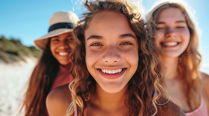 Fototapeta premium cheerful three teenager women smiling at camera together at summer beach, fun happy summer