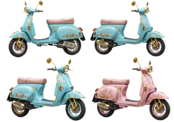 Fototapete Rund A collection of vintage style scooters adorned with intricate floral patterns isolated on transparent background © Pixelpulse Creative 