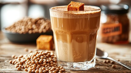 Soy Latte with Caramel Sugar Cube on Wooden Table